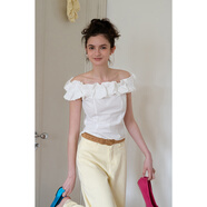 EGGKA法式白色氧氣感浪漫花邊一字領(lǐng)襯衫女夏季修身短款氣質(zhì)上衣 白色 M