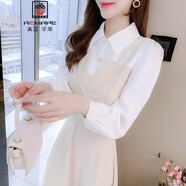 AEMAPE法式假兩件長(cháng)袖連衣裙女裝2025秋季新款小個(gè)子顯瘦氣質(zhì)襯衫裙子 杏色 L (105-115斤拍)