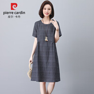 皮爾卡丹（pierre cardin）夏季短袖棉麻連衣裙女裝2024年新款韓版高腰寬松中長(zhǎng)款氣質(zhì)裙子潮 灰色 3XL （140-150斤）