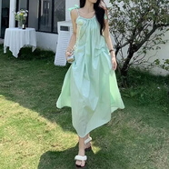 瑜尚臻品 薄荷曼波風(fēng)海邊度假氛圍感沙灘裙吊帶裙掛脖連衣裙仙女大擺裙子 薄荷綠+胸花 【 L 】