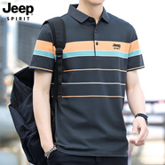 JEEP SPIRIT短袖T恤男士輕奢高端休閑條紋t恤夏季翻領(lǐng)寬松刺繡免燙POLO衫男裝 灰色 XL （建議135-150斤）