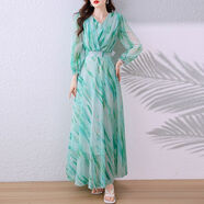 鳶諾2025新款女裝夏季歐美高個子雪紡到腳踝氣質(zhì)超長款拖地長裙連衣裙 綠色 S 【建議85-90斤】
