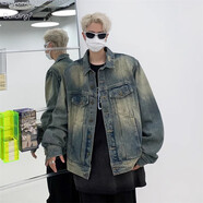 衣然呈品夾克男秋冬新款美式高街做舊水洗翻領(lǐng)潮牌痞帥寬松百搭牛仔外套男 淺藍色【H款】 XL 【建議115-140斤】