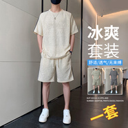 AFILMBY夏天T恤套裝男潮流男士休閑運(yùn)動套裝短袖t恤套裝男夏季衣服男夏裝 5830杏色 XL (120-140斤)
