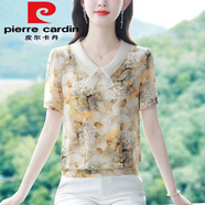 皮爾卡丹（pierre cardin）短袖雪紡衫2025夏季新款娃娃領(lǐng)拼接碎花上衣女寬松洋氣小衫 花朵今年流行的輕奢品牌 XL 建議105-120斤