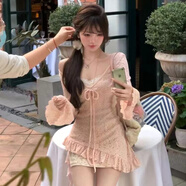 小野七天純欲風(fēng)甜美吊帶裙女春夏修身顯瘦蕾絲碎花連衣裙+罩衫上衣兩件套 粉色 S （80-95斤）
