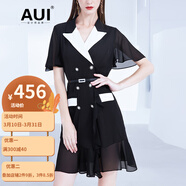 AUI黑色雪紡連衣裙女2022新款短袖中長款歐洲站職業(yè)收腰顯瘦裙子 黑色 S