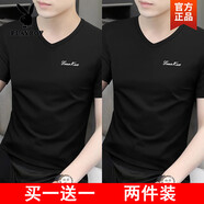 花花公子（PLAYBOY）莫代爾棉短袖t恤男裝V領(lǐng)黑色印花夏季冰絲冰感修身潮流半袖打底衫 黑色+黑色 領(lǐng)V小英文2件高質(zhì)量 2XL