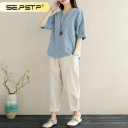 夏典素訂女王（SE.PSTP）素訂棉麻女裝2022新款時(shí)尚寬松套裝女夏兩復古夏裝亞麻夏季媽媽裝 藍色套裝 M (建議115斤以?xún)?