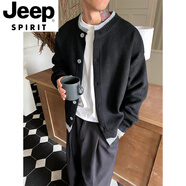 JEEP SPIRIT雙層假兩件老錢(qián)風(fēng)排扣開(kāi)衫毛衣男秋冬針織外套美式立領(lǐng)夾克 黑色 2XL