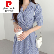 皮爾卡丹（pierre cardin）針織2025潮流百搭夏季時(shí)髦氣質(zhì)翻領(lǐng)系扣收腰顯瘦泡泡袖條紋連衣裙 藍色 均碼