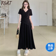 FSAT夏裝搭配連衣裙女大碼微胖mm顯瘦遮肉設計感T恤上衣半身裙兩件套 黑色上衣+半身裙【時尚感//夏天 L :【建議120-140斤】