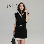 JVH香港潮牌無袖蕾絲裙套裝女 2025夏季新款休閑假兩件運動半身短裙 黑色 拼接短款上衣+裙子 S
