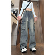 HUALIN FASHION美式復(fù)古工裝顯瘦牛仔褲女大碼高腰闊腿長褲 7932藍色 高品質(zhì) M 建議90-110斤