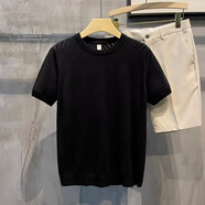 HUALIN FASHION夏季冰絲男士短袖T恤純色修身韓版Tshirt 黑色 M
