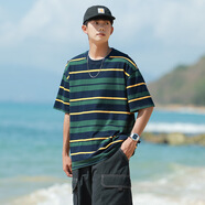 A21以純同款純|棉短袖男夏季重磅條紋男裝情侶潮牌衣服寬松體恤ins男士T 16深寶藍 M