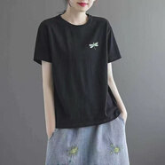 玖卡依短袖t恤女2025夏季新款女裝純棉刺繡圓領(lǐng)體恤寬松文藝半袖上衣女 黑色蜻蜓 M 建議100斤以下