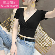 Fickan低胸上衣擠奶性感黑色V領短袖t恤女小眾夏季設計高腰短款露臍 黑色 L 【101-110斤】