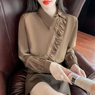Radinka2025春秋新韓版V領(lǐng)收腰薄款仙氣白色襯衫上衣女設計感氣質(zhì)襯衣BLS 荷葉邊斜扣卡其色 S