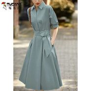 啄木鳥(niǎo)工裝風(fēng)衣翻領(lǐng)系帶收腰襯衫連衣裙女2025年夏新款氣質(zhì)休閑A字裙 灰藍色 2XL 123-133斤