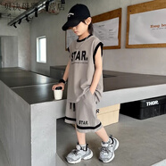 儷韻小屋（LiYunHouSe）男童無(wú)袖套裝夏季2025新款兒童夏裝背心籃球運動(dòng)服夏款大童裝男孩 灰色 套裝 130