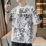 質(zhì)獅衣頻 大碼冰絲短袖t恤男士夏季潮流滿(mǎn)花寬松上衣加肥加大胖子男裝 白色 M
