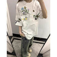 辰衣純純棉美式oversize國風(fēng)字母刺繡短袖t恤女2025夏季休閑百搭上衣服 白灰色（純棉優(yōu)質(zhì)版） M