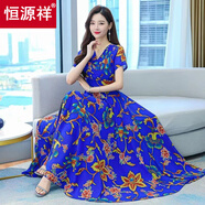 恒源祥2025夏季新款印花冰絲連衣裙碎花歐美時尚收腰女士長裙氣質(zhì)裙子 080藍色 XL