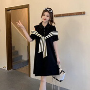 VJZE裙子女夏季2025新款顯瘦大碼女裝胖妹妹連衣裙Polo領(lǐng)披肩胖mm240 黑色 無(wú)口袋過(guò)膝 XL 建議120-150斤