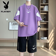 花花公子（PLAYBOY ESTABLISHED 1953）短袖t恤套裝男士夏季2025新款寬松帥氣體恤衫短褲兩件套 TZ8919紫色 M
