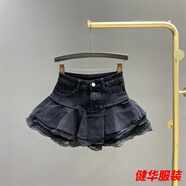 美安嘉美式復古彈力牛仔蛋糕百褶半身裙女夏新款蕾絲花邊拼接蓬蓬裙褲裙 黑色 S