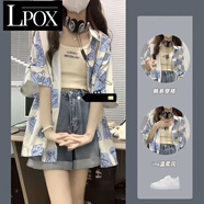 LPOX夏季鹽系寬松百搭小熊上衣短袖襯衫吊帶牛仔短褲套裝一整套三件套 【三件套】短袖襯衫+吊帶+牛仔短 M 建議【85-100斤】