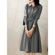 通勤春裝連衣裙長(cháng)袖寬松大擺減齡氣質(zhì)春秋季新款高品質(zhì)職業(yè)襯衫裙 灰色 M