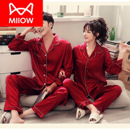 貓人（MiiOW）韓版春秋季真絲綢結(jié)婚情侶睡衣男女長袖夏季性感新婚家居服套裝 酒紅色 M 女款