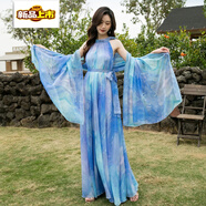 初徑2025新款波西米亞掛脖印花雪紡沙灘裙女夏海邊度假超仙超長(cháng)及踝 藍色套裝 【連衣裙+絲巾】 均碼 裙長(cháng)115C建議身高150-155