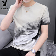 花花公子（PLAYBOY）男士短袖t恤2025夏季新款水墨印花上衣服圓領(lǐng)半袖體恤男T 8807杏色 XL 【121-140斤】
