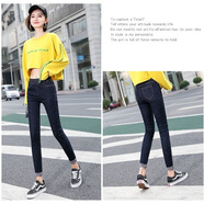 FHHUABD大碼女裝胖妹妹松緊帶牛仔褲女小腳褲高腰新款韓版彈性緊身鉛筆褲 黑色 松緊腰862黑灰 S