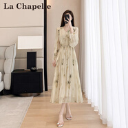 拉夏貝爾（La Chapelle）復古時尚v領印花長袖連衣長女2025夏季新款收腰顯瘦小個子a字裙潮 印花款 M 建議100-110斤