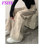 FSHE直筒牛仔褲女2025新款春季大碼胖mm高腰寬松遮胯顯瘦闊腿工裝褲女 杏色 L 建議106-120斤