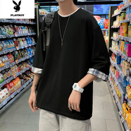 花花公子假兩件T恤男ins港風(fēng)夏季寬松七分袖上衣百搭潮牌體恤男裝 黑色 3XL
