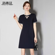 海青藍2025夏季新款氣質(zhì)名媛重工水滴鏤空花瓣圓領(lǐng)釘珠連衣裙媽媽裙 深藍色 2XL