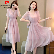 皮爾卡丹雪紡連衣裙夏季新款韓版修身顯瘦淑女氣質(zhì)遮肉小清新仙女中長(cháng)裙子 紫色 L 建議100-110斤