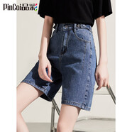 品彩（PinCai）牛仔短褲女夏字母貼布設計時(shí)尚五分褲寬松直筒短褲 P144N2885