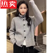 花花公子（PLAYBOY）歐洲站加厚單排扣高領(lǐng)寬松毛衣女針織開(kāi)衫純色保暖上衣顯百搭減齡 灰色 S