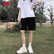 李寧短褲女運動褲秋季休閑健身五分褲冰絲速干跑步寬松透氣薄沙灘褲子 黑【37%棉-豎英文標】男女同款 XL /180（150-165斤