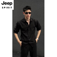 JEEP SPIRIT2025新款夏季英倫雅痞中袖襯衫黑色襯衣夏季打底冰絲短袖上衣 黑色 XL (適合130-145斤)