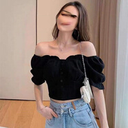 枳之薇露肩一字肩上衣t恤女性感短款大心Kissis兩穿泡泡袖夏黑色鎖骨高 黑色 L 建議115-128斤