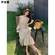 伊琦蕾（YIQILEI）法式氣質(zhì)露肩掛脖碎花連衣裙女夏季甜美溫柔風(fēng)寬松顯瘦沙灘中長(zhǎng)裙 杏色 M