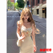 口旋溫柔風(fēng)長(cháng)裙春夏收腰顯瘦蕾絲網(wǎng)紗花朵拼接包臀魚(yú)尾吊帶連衣裙女 吊帶裙 S 建議80-95斤