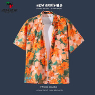 西域駱駝（VANCAMEL）馬來(lái)西亞異域風(fēng)情花襯衫男短袖情侶男女襯衣五分袖沙灘度假夏威夷 香檳色 1168 M